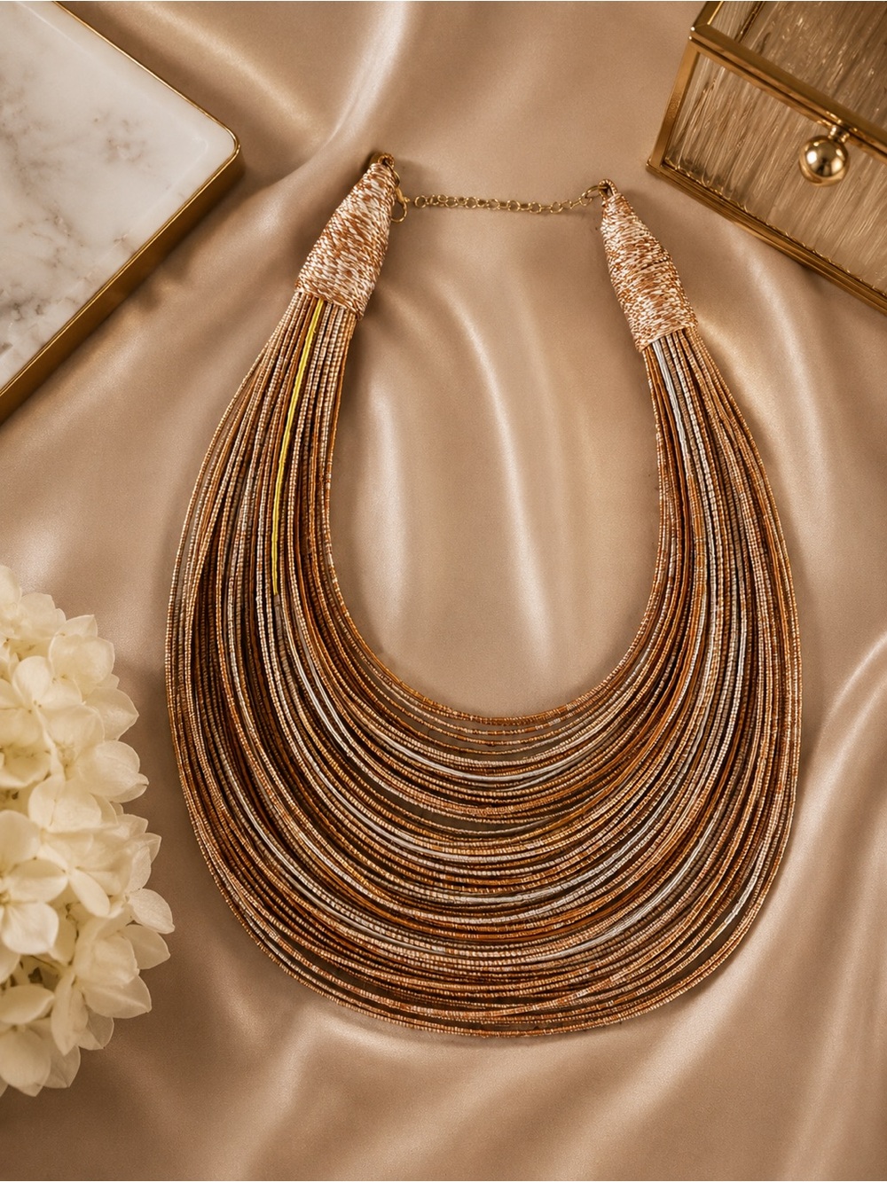 Boho Luxe India Silk Multi Strand Neutral Statement Bib/Collar Necklace